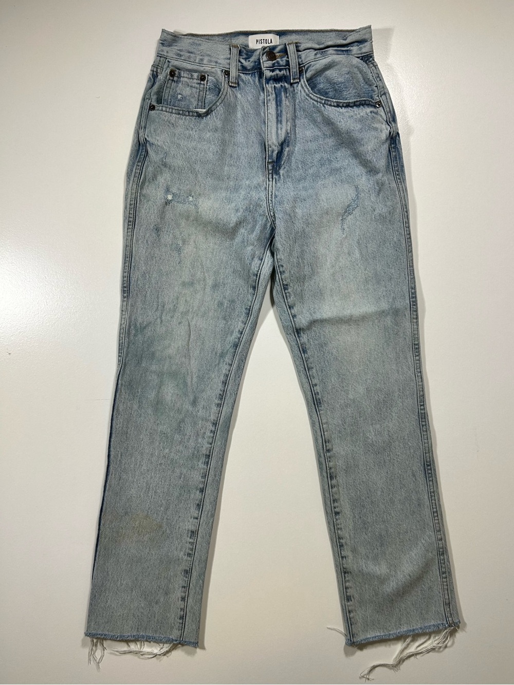 Women’s Pistola light wash high rise relaxed straight leg jeans raw hem size 25